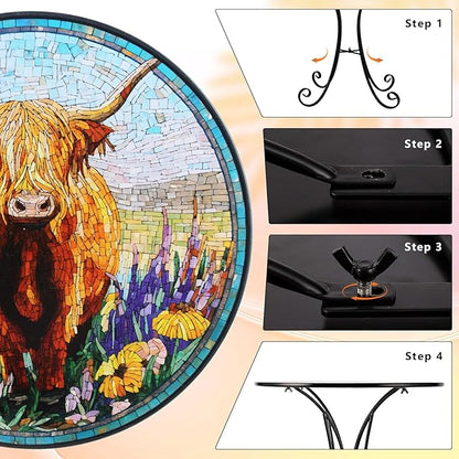 18" Outdoor Side Table, Highland Cattle Round Accent Table, Metal Indoor Small End Tables, Plant Stand Tables for Patio Yard Balcony Garden Bedside