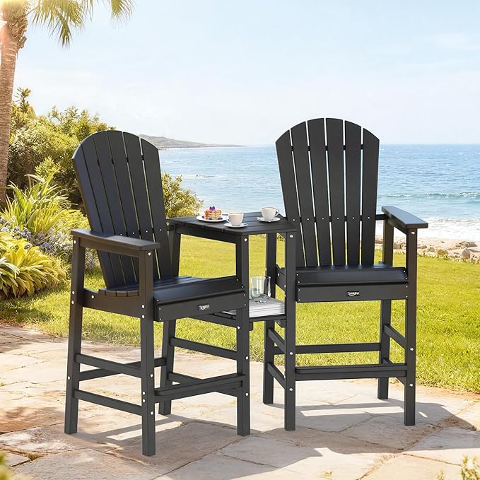 VINGLI Tall Adirondack Chairs Set of 2 with Dual Trays, All-Weather HDPE Outdoor BarStools Poly Deck Chairs for Patio, Poolside and Balcony (Black)
