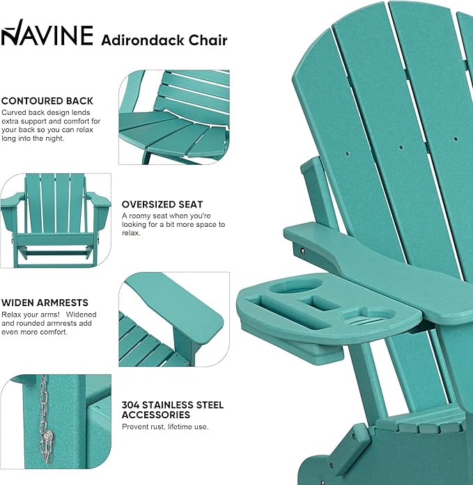 Adirondack Chair, HDPE Folding Adirondack Chair with Multifunctional Cup Holder, Weather Resistant Fire Pit Chair for porches, patios, patios, poolsides, Decks.