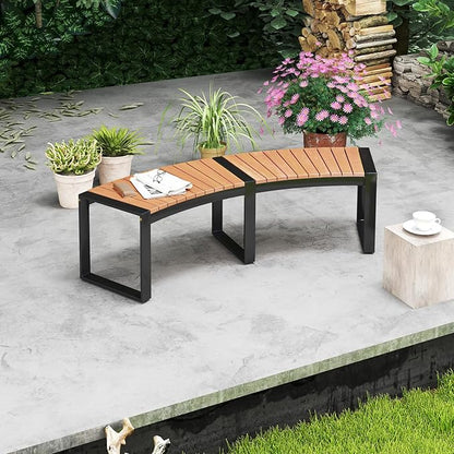 Moccha Outdoor Curved Bench, Acacia Wood Fire Pit Bench w/Slatted Seat, Metal Frame, Loveseat, Outside Chair, Patio Backless 2-Person Seating for Yard Deck Porch 800 LBS Max Load, Oil Painted (1)