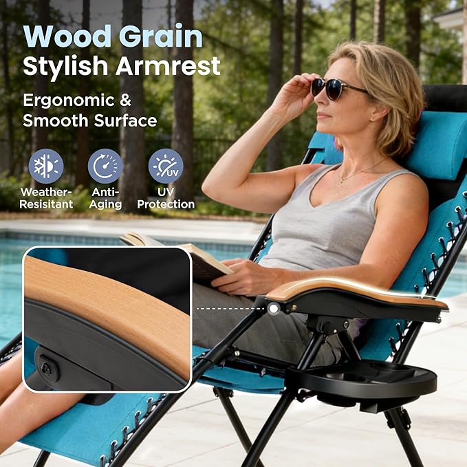 PHI VILLA XXL Oversized Padded Zero Gravity Chair, Foldable Patio Recliner, 30" Wide Seat Anti Gravity Lounger with Cup Holder, Support 400 LBS (Aqua)