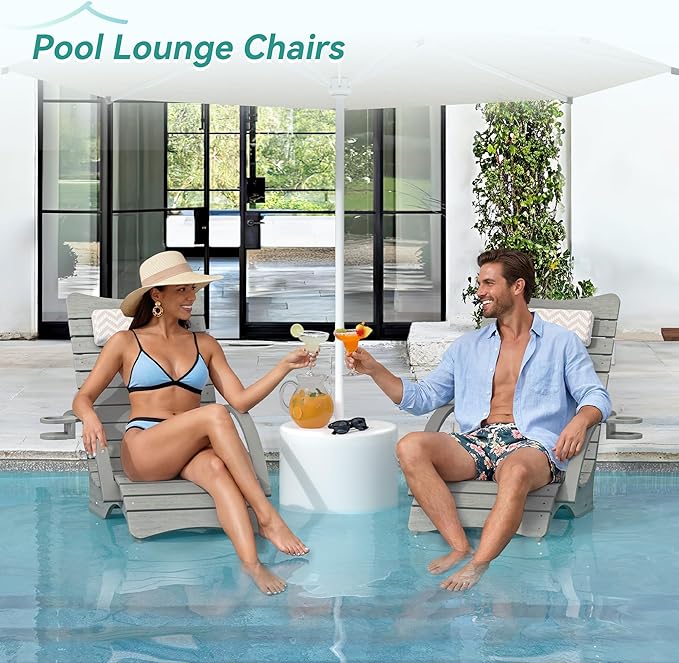 Pool Lounge Chairs Set of 2, Shallow Water 8-10 Inches Deep, HDPS Fade Resistant Pool Tanning Chair with Armrest, Cup Holder, Headrest, 330lbs Capacity, Outdoor Beach Deck Sun Lounger, Gray