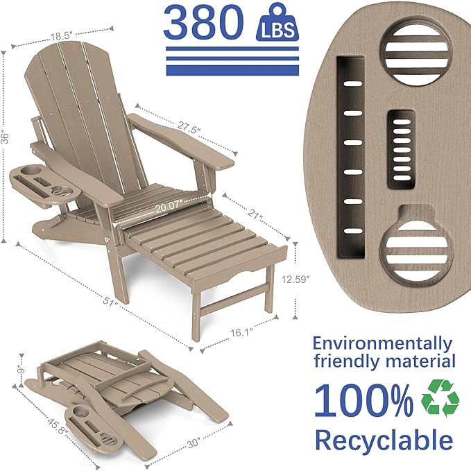 FOOWIN Adirondack Chair with Retractable Ottoman,HDPE Folding Adjustable Adirondack Chair w/4 in 1 Cup Holder Trays,All-Weather Resistant Fire Pit Chair for Outdoor Patio Lawn Set of 8