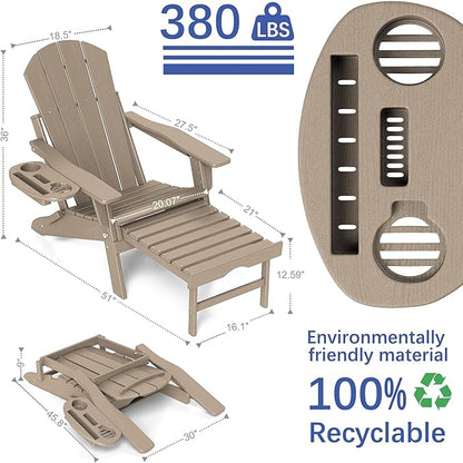 FOOWIN Adirondack Chair with Retractable Ottoman,HDPE Folding Adjustable Adirondack Chair w/4 in 1 Cup Holder Trays,All-Weather Resistant Fire Pit Chair for Outdoor Patio Lawn Set of 6