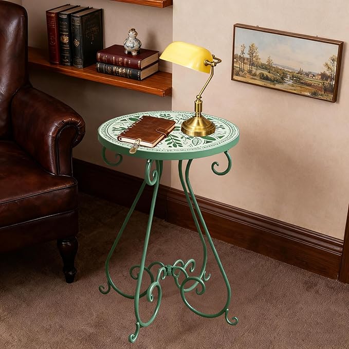 Outdoor Side Table & Mosaic Plant Stand, 14" Ceramic Tile Top Round End Table Accent Table, Indoor Outdoor Coffee Tea Table for Yard Porch Garden Patio Living Room Bedroom