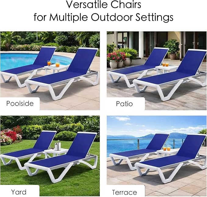 Kozyard Outdoor Chaise Lounge Chair, Full Flat Adjustable Patio Lounger with Aluminum Frame & Resin Legs, Textilene Fabric for Poolside, Backyard & Beach (NavyBlue Without Table)