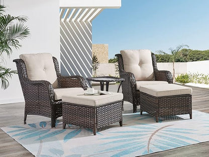 HUMMUH 5 Pieces Patio Bistro Set Wicker Patio Chairs Set of 2 with Ottomans and Side Table Rattan Outdoor Furniture Conversation Set for Yard,Garden,Porch…