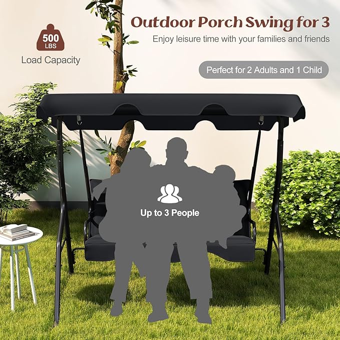 Tangkula 3 Person Porch Swing, Patio Swing with Removable Cushion & Powder-Coated Steel Frame - Photo 3