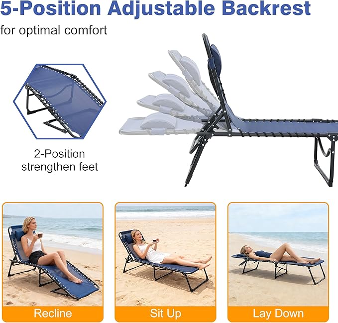 Folding Chaise Lounge Chair, Patio Teslin Tanning Chair, Outdoor Beach Lounge Chair with 5-Position Reclining Back, Breathable Mesh Seat for Beach, Poolside, Patio Sunbathing Navy Blue