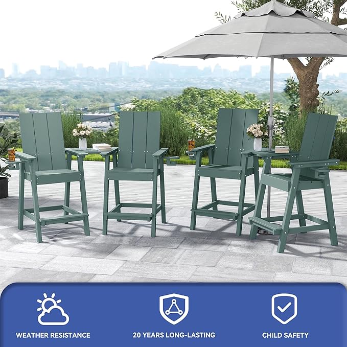 FOOWIN Tall Adirondack Chairs Set of 2,HDPE Adirondack Bar Stools with Connecting Tray & Cup Holders,Weather Resistant Balcony Chair for Outdoor Deck Lawn Pool Backyard Green