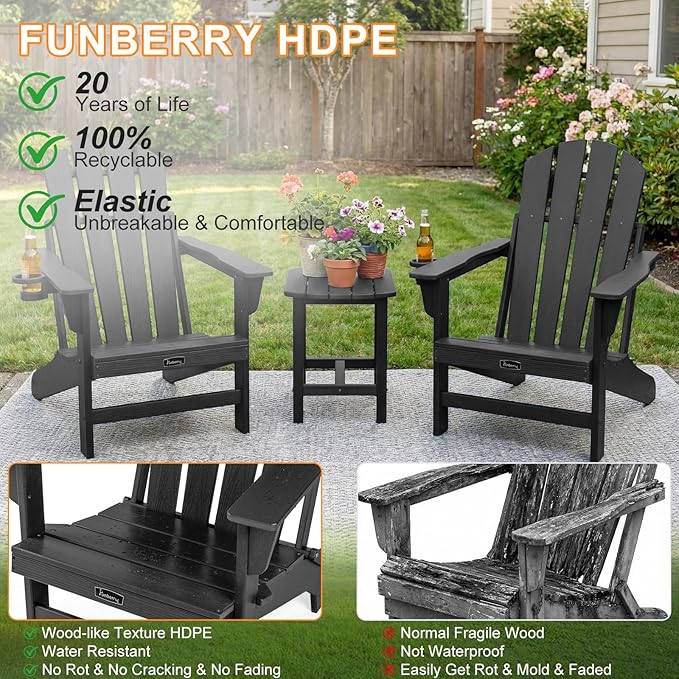 FUNBERRY Folding Adirondack Chairs Set of 4, HDPE Stable Gun-Leg Design Fire Pit Chairs with Cupholder All Weather for Outside