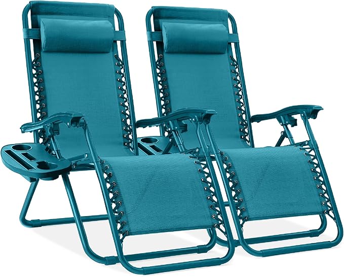 Best Choice Products Set of 2 Adjustable Steel Mesh Zero Gravity Lounge Chair Recliners w/Pillows and Cup Holder Trays - Photo 1