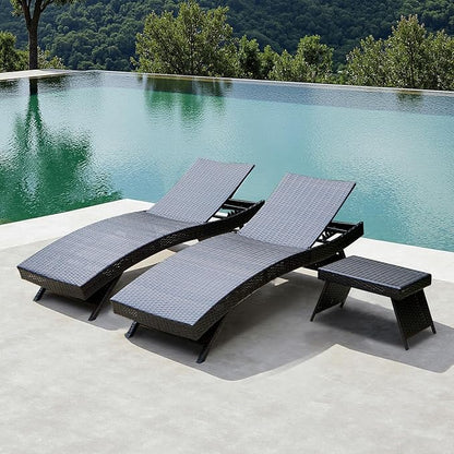 Patio Chaise Lounge Set of 2 Foldable Chairs + 1 Table, Outdoor Rattan Adjustable Back Patio Folding Chaise Lounges and Coffee Table