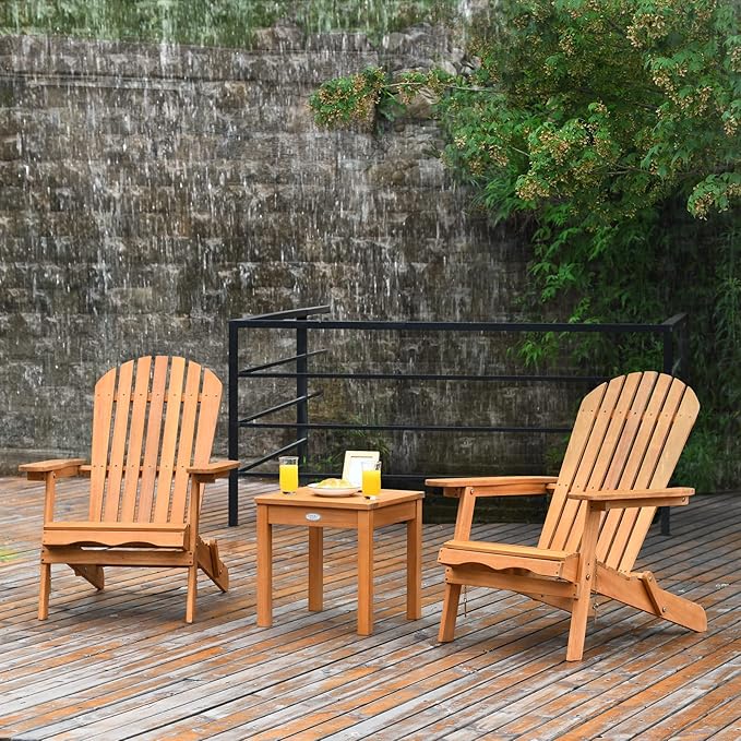 Giantex Adirondack Chair Set 3-Piece Foldable Wooden Chairs Set W/Widened Armrest, Eucalyptus Frame and Side Table Outdoor & Indoor Table Set for Patio Poolside Garden, Set of 3 Wooden Lounger Chair