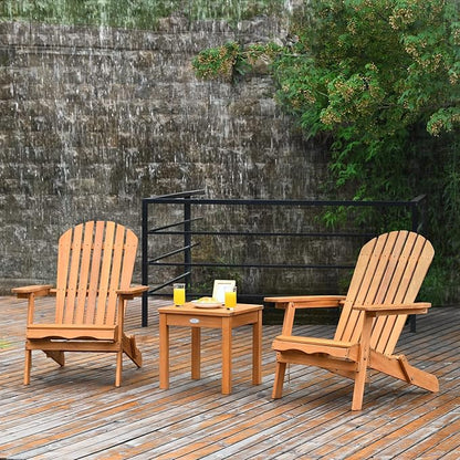 Giantex Adirondack Chair Set 3-Piece Foldable Wooden Chairs Set W/Widened Armrest, Eucalyptus Frame and Side Table Outdoor & Indoor Table Set for Patio Poolside Garden, Set of 3 Wooden Lounger Chair