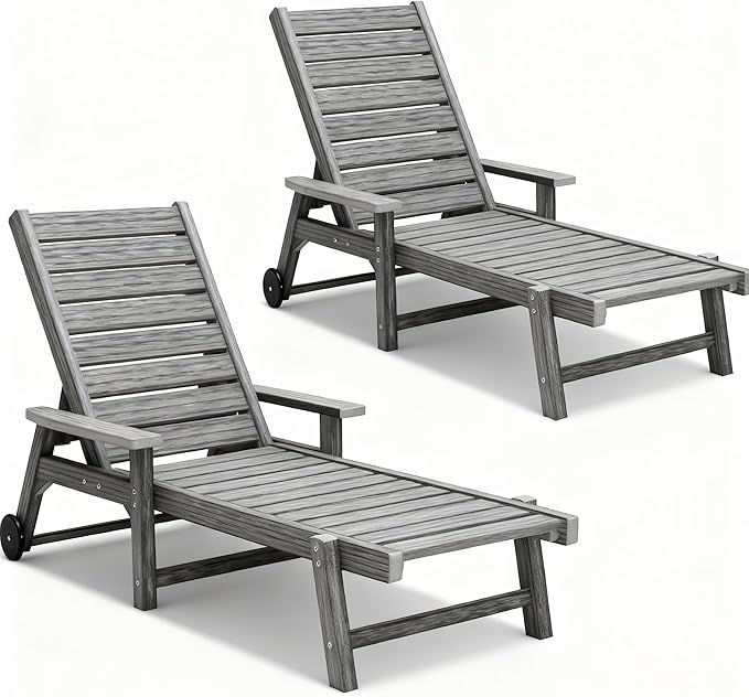 Patio Chaise Lounges Set of 2, HDPE Outdoor Lounge Chairs with Adjustable Backrest, Wheels, Armrest, All Weather Poly Lumber Recliner for, Poolside, Porch, 350lbs Weight Capacity (Grey)