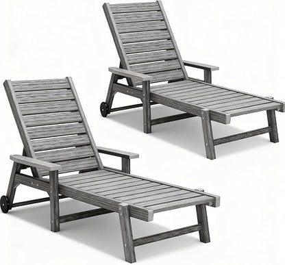 Patio Chaise Lounges Set of 2, HDPE Outdoor Lounge Chairs with Adjustable Backrest, Wheels, Armrest, All Weather Poly Lumber Recliner for, Poolside, Porch, 350lbs Weight Capacity (Grey)