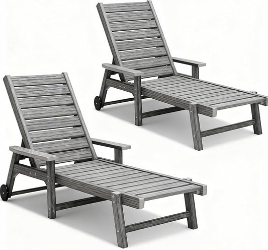 Patio Chaise Lounges Set of 2, HDPE Outdoor Lounge Chairs with Adjustable Backrest, Wheels, Armrest, All Weather Poly Lumber Recliner for, Poolside, Porch, 350lbs Weight Capacity (Grey)