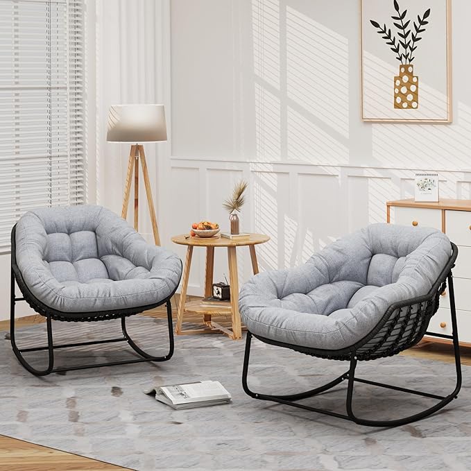 Outdoor Rocking Chair Set of 2, Patio Wicker Egg Chair, Indoor & Outdoor Double Papasan Chair with Padded Cushion, Royal Rattan Rocker for Front Porch, Garden, Patio (Light Grey)
