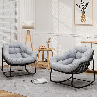 Outdoor Rocking Chair Set of 2, Patio Wicker Egg Chair, Indoor & Outdoor Double Papasan Chair with Padded Cushion, Royal Rattan Rocker for Front Porch, Garden, Patio (Light Grey)