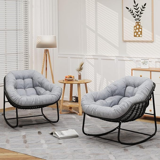 Outdoor Rocking Chair Set of 2, Patio Wicker Egg Chair, Indoor & Outdoor Double Papasan Chair with Padded Cushion, Royal Rattan Rocker for Front Porch, Garden, Patio (Light Grey)