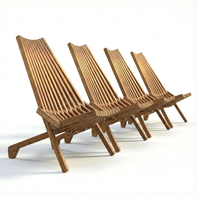 Folding Natural Wood Outdoor Chair, Stylish Low Profile Acacia Wood Lounge Chair for The Porch, Lawn, Garden or Outdoor Patio Furniture (2 Pack)
