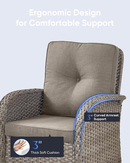 5 Pieces Outdoor Wicker Patio Furniture Set-High Back Outdoor Rocking Chairs Set of 2 with Ottoman Patio Conversation Sets for Deck Lawn Porch Balcony Poolside-Grey/Grey
