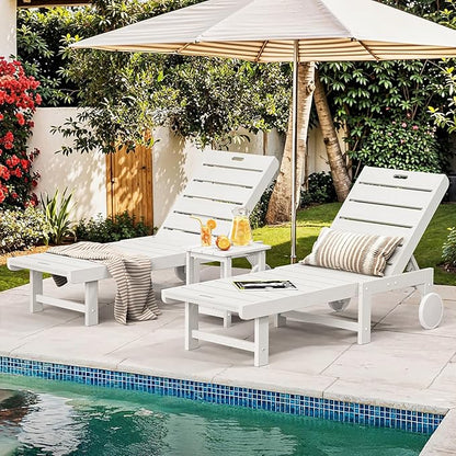 Outdoor Chaise Lounge Chairs with Table, 3-Piece, 26.8” Super Wide Lounge Chair Outdoor, HDPS Pool Chairs with 5 Positions, Patio Lounge Chair with Wheels for Pool,Lawn,Backyard, White