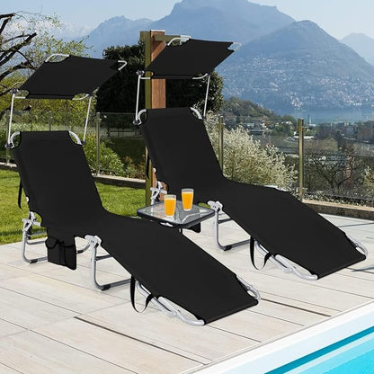 COSTWAY Set of 2 Tanning Chairs with Canopy, Foldable Chaise Lounge with Adjustable Backrest & Side Pocket, Beach Lounge Chair for Seaside, Pool, Patio (Black)