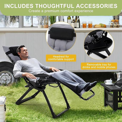 Zero Lounge Chair Supports 440 Lbs, Indoor/Outdoor Adjustable Folding Recliner with 33 Inch Seat, Removable Cup Holder & Headrest Grey