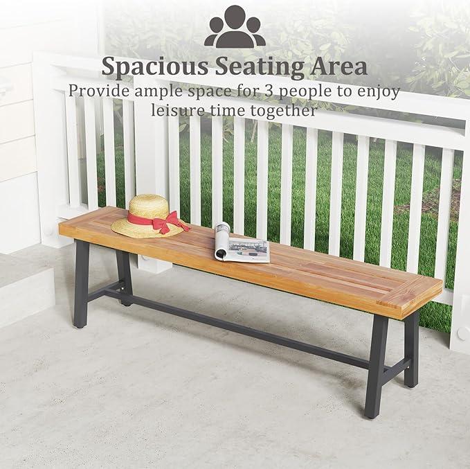 Tangkula 63 Inches Acacia Wood Outdoor Bench, 3-Person Patio Bench with 800 lbs Weight Capacity, Outdoor Backless Bench with Heavy-Duty Metal Frame for Garden, Porch and Backyard (1)