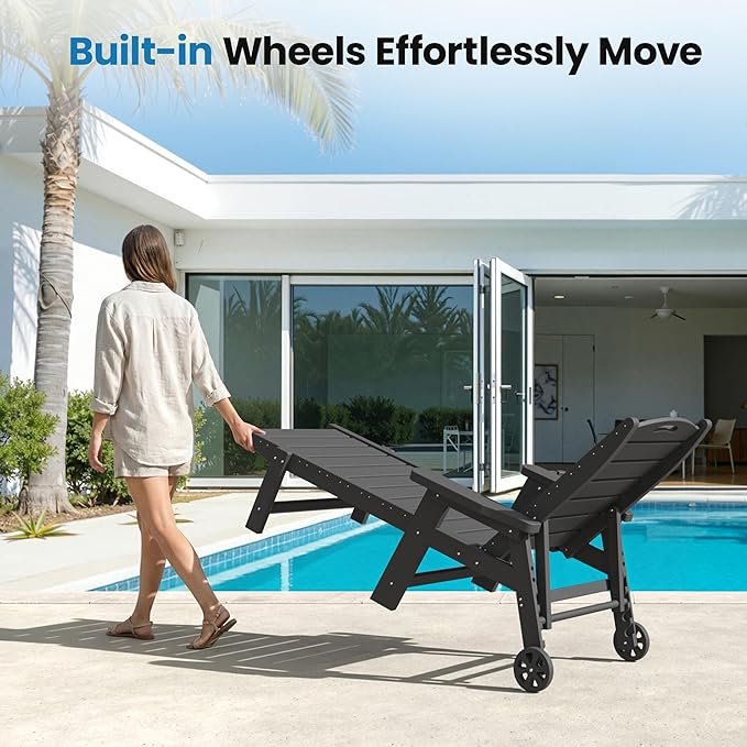 UDPATIO Outdoor Chaise Lounge Chair, HDPE Patio Lounge Chairs for Outside with Wheels & Cup Holder - Photo 4