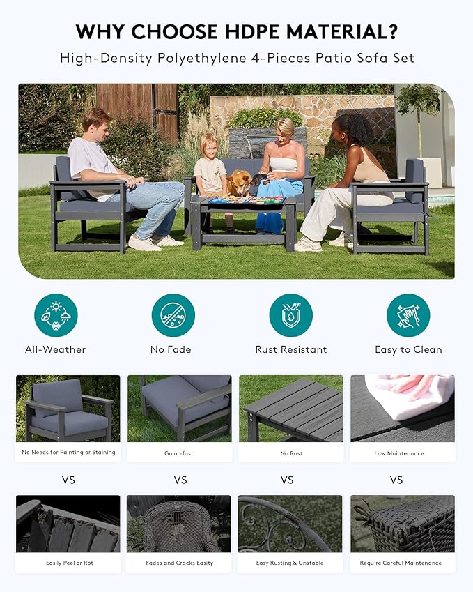 SERWALL 2 Pieces Single Cushioned Sofa Armchair, Grey HDPE Adirondack Outdoor Sofa Lounge with Grey Cushion