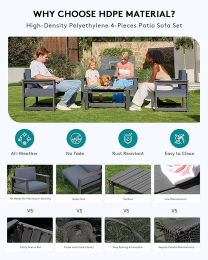 SERWALL 2 Pieces Single Cushioned Sofa Armchair, Grey HDPE Adirondack Outdoor Sofa Lounge with Grey Cushion