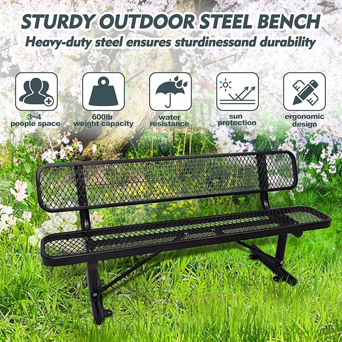 6FT Heavy-Duty Park Bench for Outside - Black Coated Outdoor Furniture Steel Bench, Commercial-Grade Outdoor Benches Weatherproof for Park, Patio, Porch (Portable with Back) (Black, 6FT)