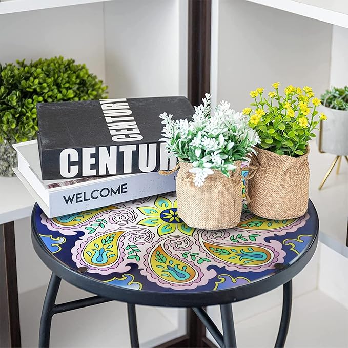 12 Inch Small Outdoor Side Table with Purple Flower, Glass Mosaic Patio Table Indoor - Photo 5
