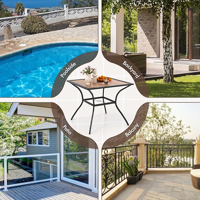 Tangkula Metal Square Patio Dining Table for 4, Heavy Duty Bistro Table with Adjustable Umbrella Hole & Wooden-Like Waterproof Tabletop, Outdoor Dinner Table for for Backyard, Deck, Lawn, Poolside