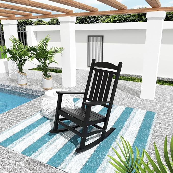 WO Home Furniture Patio Rocking Chair Farmhouse Outdoor HDPE UV Weather Resistant (Black)
