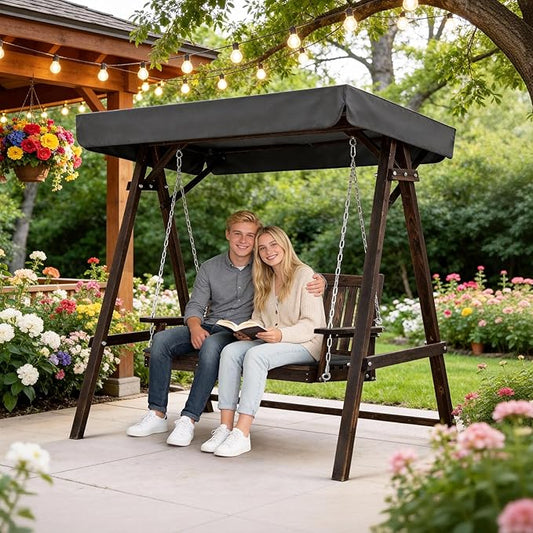 VINGLI Porch Swing with Stand, Wooden Swing & Stand with Canopy, Hanging Swing Chair with Stand for Garden, Patio and Yard (Rustic)