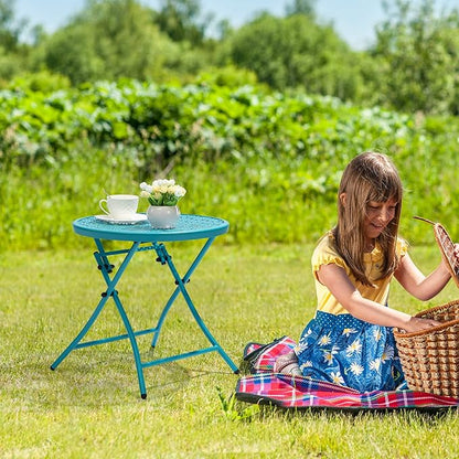 TeoKJ Folding Outdoor Side Tables, Anti Rust Small Patio Table Round Metal Nightstand with Flower Cutouts for Porch Yard Balcony Deck Lawn, Blue