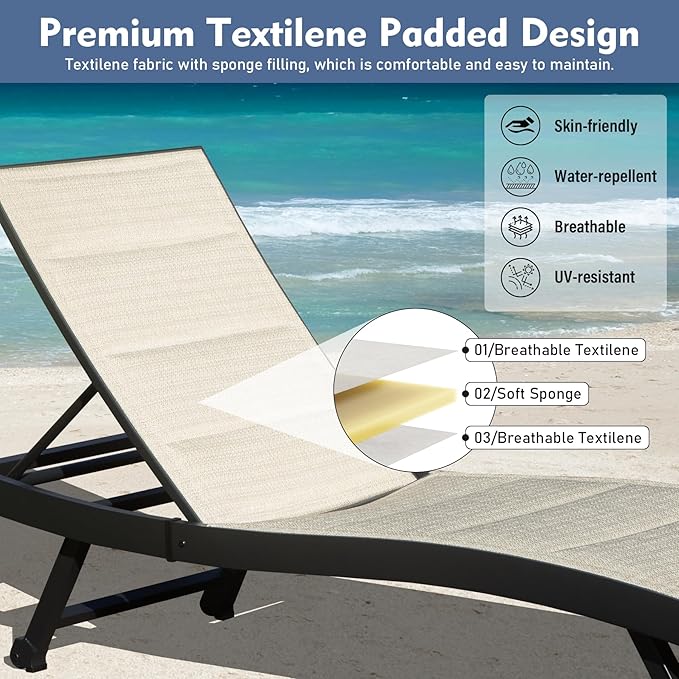Domi Outdoor Chaise Lounge Set of 2, Aluminum Patio Lounge Chairs with Wheels, Pool Lounge Chair Oversized Lounger for Patio Pool Beach Sunbathing, Beige