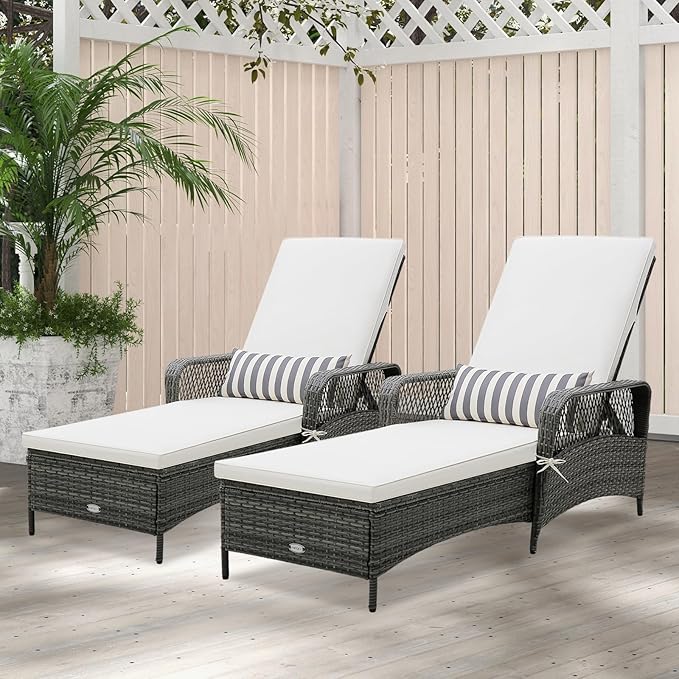 HAPPYGRILL 2PCS Patio Rattan Chaise Lounge, Outdoor PE Wicker Sun Lounger with Adjustable Backrest - Photo 2