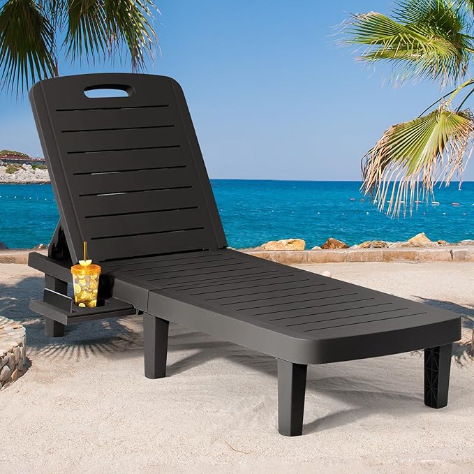 CDCASA Chaise Lounge Outdoor, Multi-Functional Pool Lounge Chairs w/5 Adjustable Positions & Side Tray, Waterproof Resin Lounges for Poolside,Yard,Garden,Sunbathing, for All Weather, Black