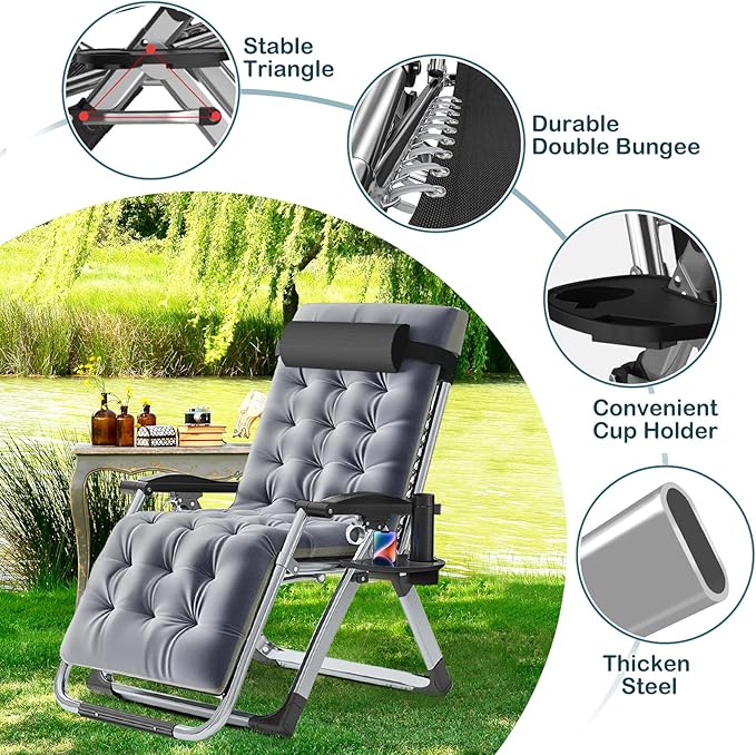 NAIZEA Padded Zero Gravity Chair, Folding Outdoor Lounge Chairs, Adjustable Reclining Camping Chairs with Cup Holder - Photo 5