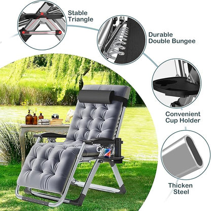 NAIZEA Padded Zero Gravity Chair, Folding Outdoor Lounge Chairs, Adjustable Reclining Camping Chairs with Cup Holder, Ergonomic Patio Lawn Chair for Balcony Beach Deck Yard