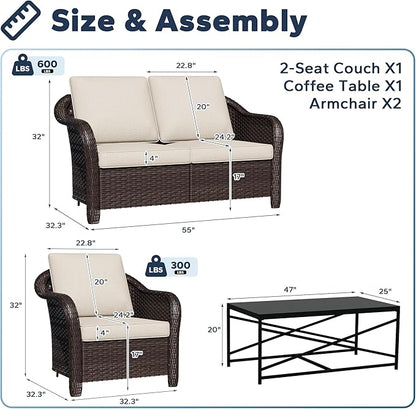 4 Pieces Outdoor Conversation Furniture Set, 55" Patio Couch，47" Metal Coffee Table, 2 Chairs, Rattan Wicker Sofa with Removable Cushions for Bistro, Deck (Beige)