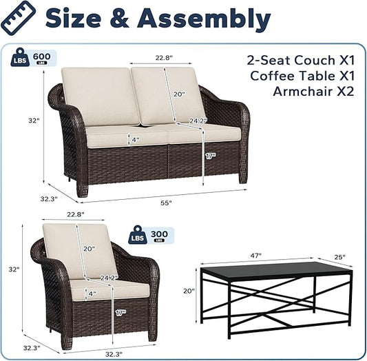 4 Pieces Outdoor Conversation Furniture Set, 55" Patio Couch，47" Metal Coffee Table, 2 Chairs, Rattan Wicker Sofa with Removable Cushions for Bistro, Deck (Beige)