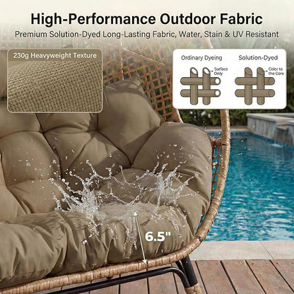 NICESOUL Indoor Outdoor Double Egg Chair with Footstools & 6.5" Thick Cushions, Oversized Wicker Egg Shaped Chair with Footrest, Stationary 2 Seater Comfy Loveseat for Patio Backyard Garden Sunroom