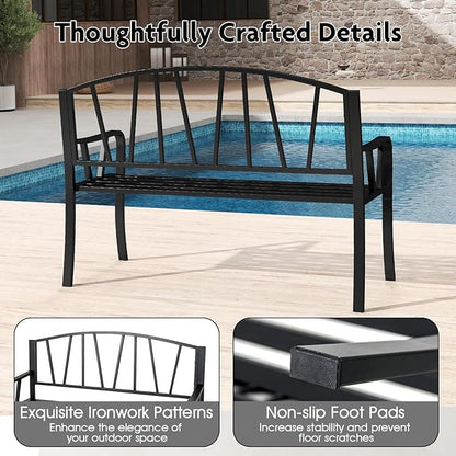 Giantex Garden Bench for Outside 51 Inch, Outdoor Bench with Metal Frame, Patio Metal Bench with Backrest, Armrests and Slatted Seat for Park, Porch, Backyard, 660 lbs Max Load, Black