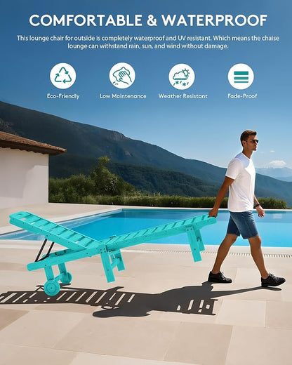 SERWALL Patio Chaise Lounge Chair, HDPE Outdoor Lounge Chair with Cup Holder, 5 Positions Adjustable Poly Lounger with Rolling Wheels for Poolside, Deck, Sunbathing, Aruba